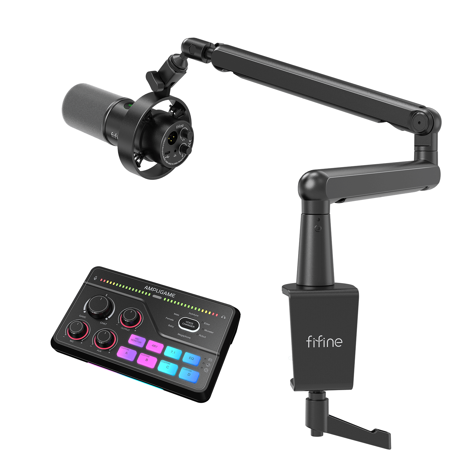FIFINE Streaming Bundle: K688 Microphone + SC8 mixer + BM88 Boom