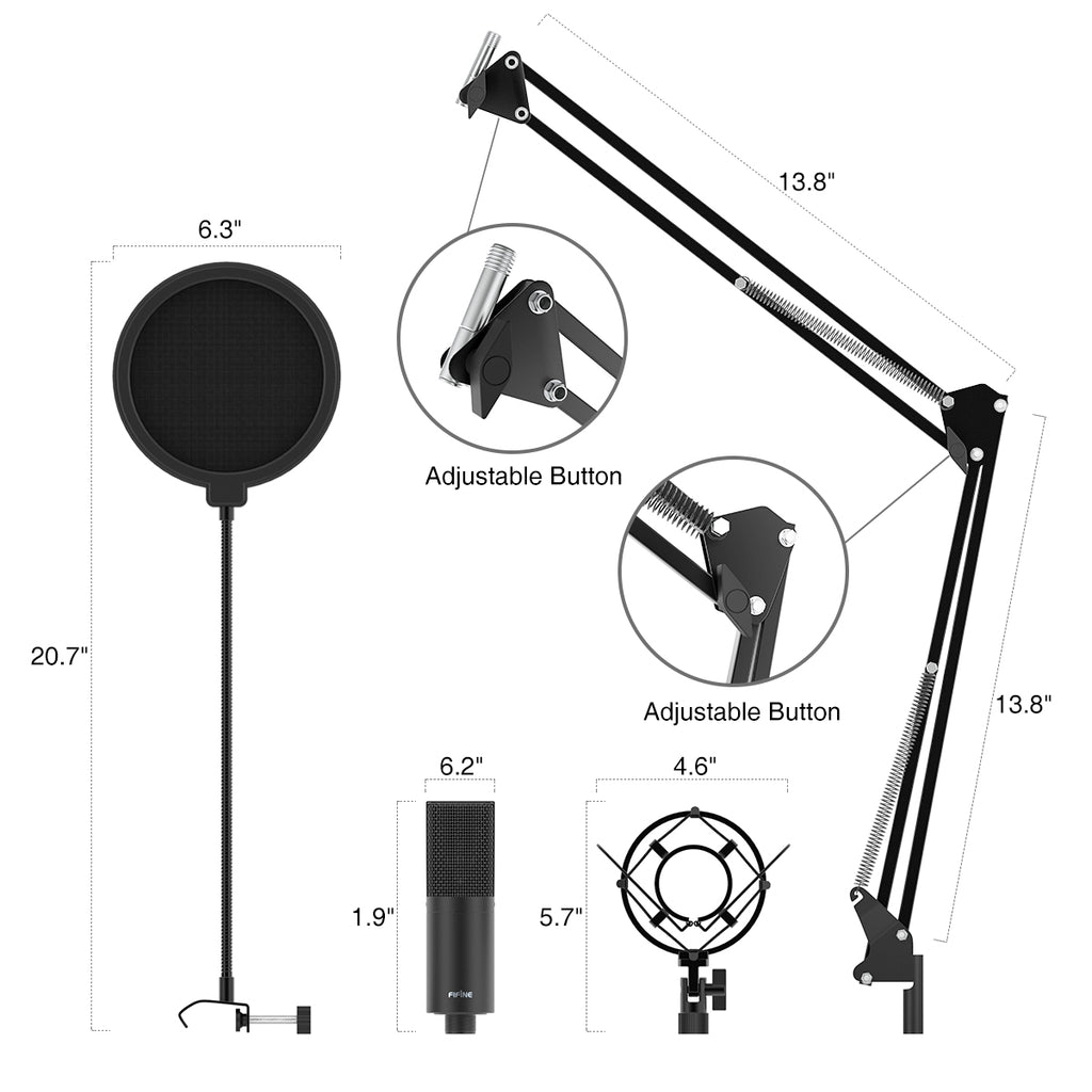 FIFINE K780A Studio USB Mic Kit with 19mm Capsule Arm Stand, Shock Mou