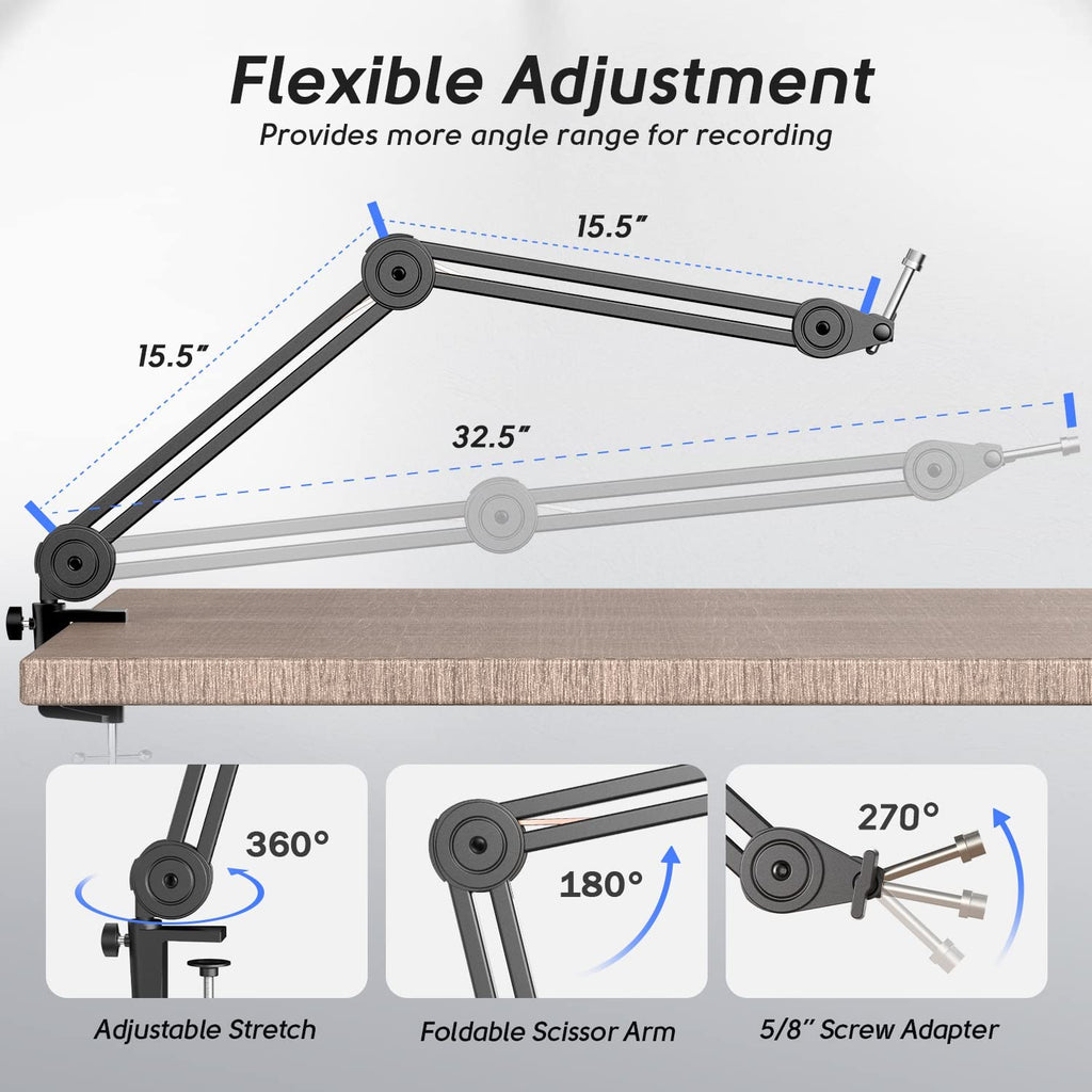 FIFINE Adjustable Low-profile Arm Microphone Stand with Cable