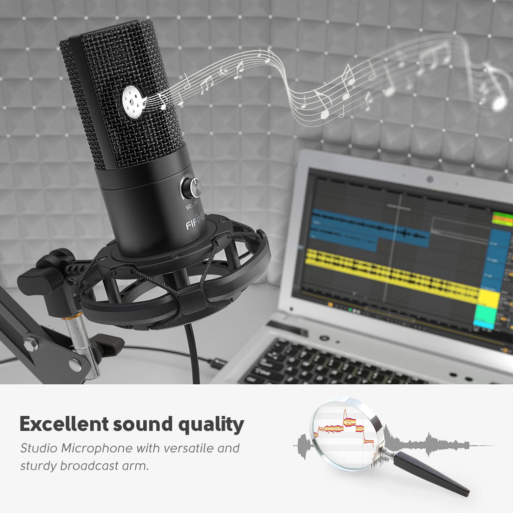 FIFINE USB Microphone, Metal Condenser Recording Microphone for Laptop Mac or Windows Cardioid Studio Recording vocals, Voice Overs,Streaming Broadca