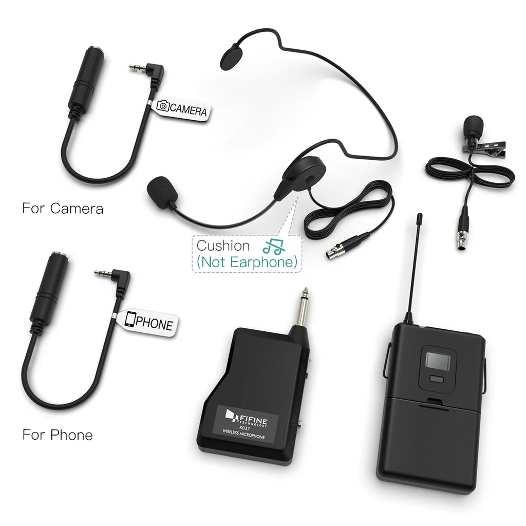 FIFINE K037B Wireless System with Lapel Mic and Headset for Speaker, Camera, Android and iPhone