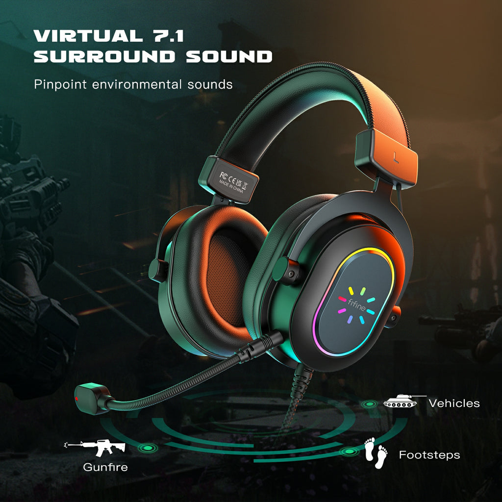 FIFINE USB Gaming Headset, PC Headphones Wired with Microphone for Computer/Laptop/PS4, Over-Ear RGB Headset with 7.1 Surround S