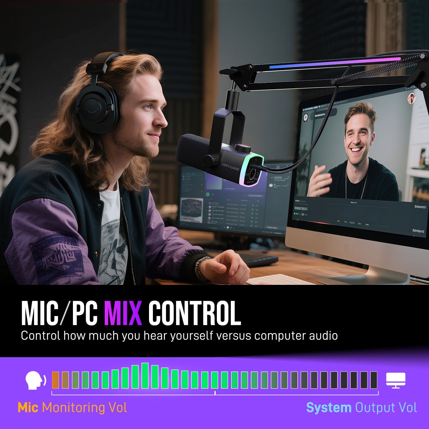 FIFINE AmpliGame AM8PROT RGB Microphone Kit with Boom Arm for Gaming & Streaming, Tap-to-Mute, Mix Control for Podcast Recording