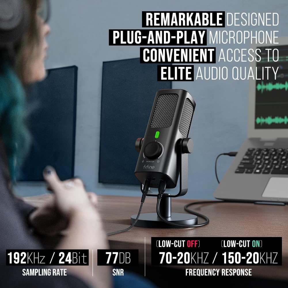 FIFINE Profile3 USB Condenser Mic with I/O & Mute Control, 24-bit/192kHz, Mic Monitor & Computer Playback Mix, Low-cut