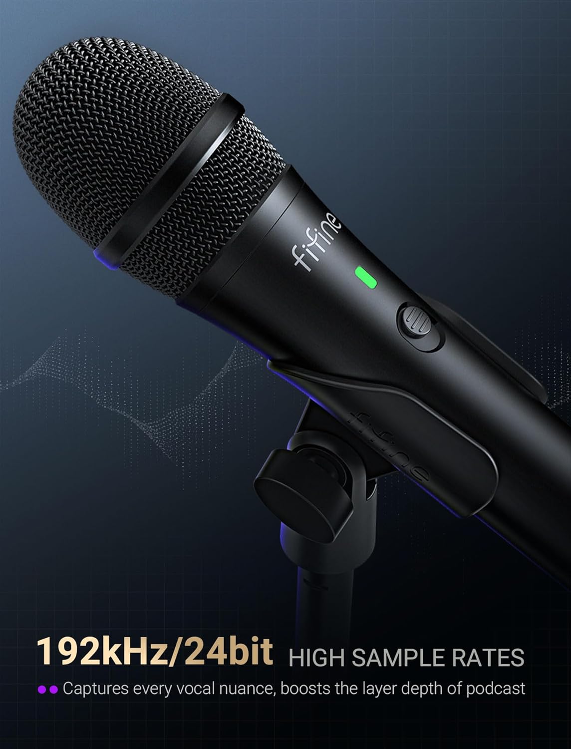 FIFINE Tank2 USB/XLR Handheld Dynamic Microphone with Height-adjustable Stand, On/Off Switch & Indicator