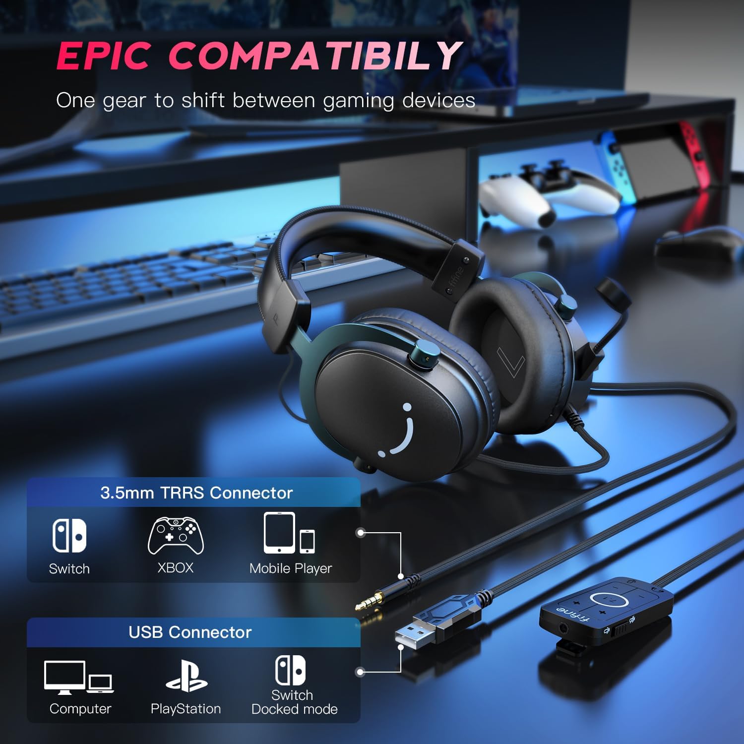 FIFINE AmpliGame H9 3.5mm Headset with USB Control Box for Mute, I/O Controls, 7.1 Surround Sound for Console/PC