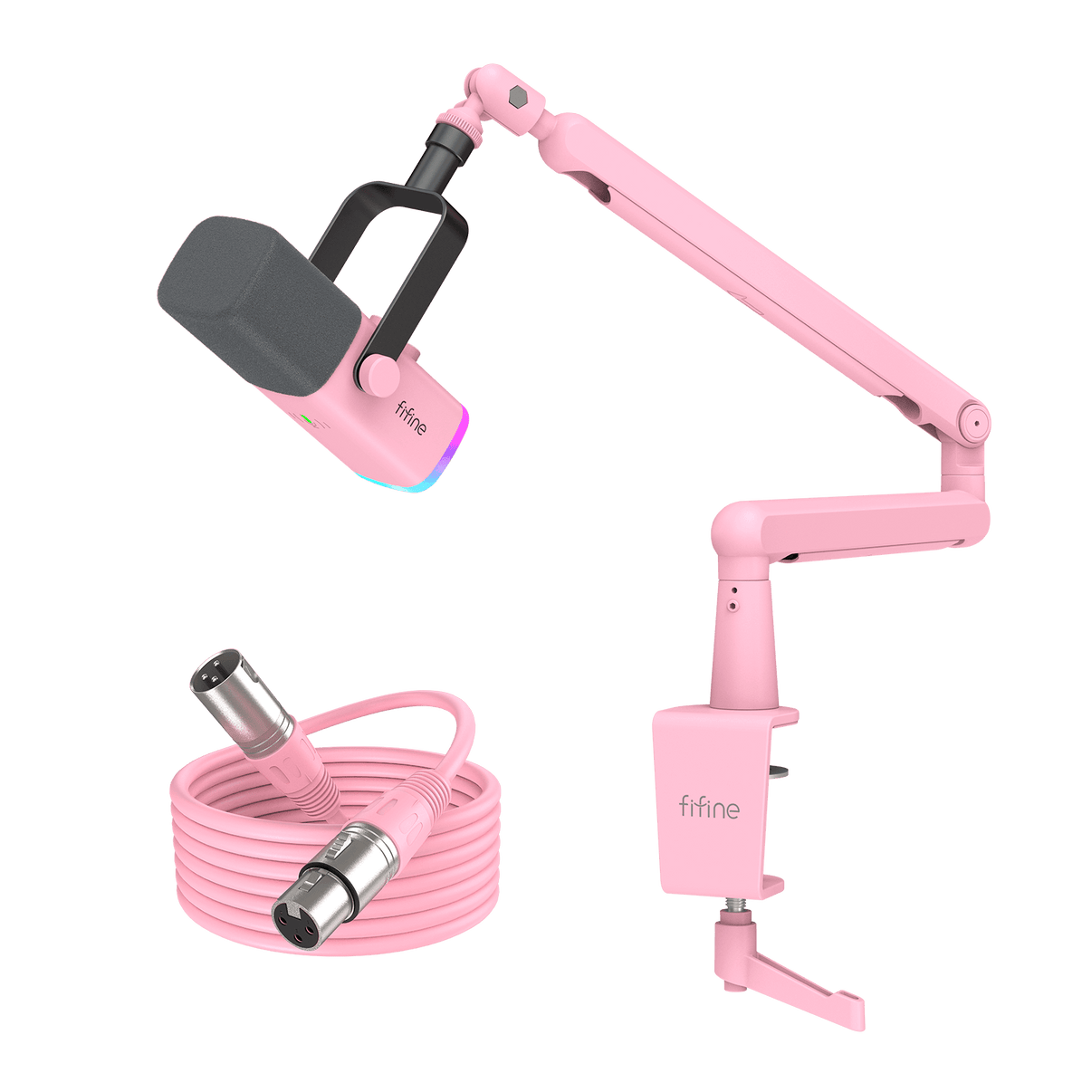 ###FIFINE ampilgame AM8 streaming microphone with BM88 boom arm stand and xlr cable bundle in pink