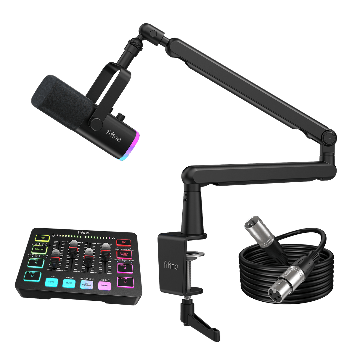 ###FIFINE AM8 dynamic microphone and BM88 boom arm with SC3 audio mixer xlr cable bundle in black