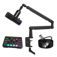 ###FIFINE AM8 dynamic microphone and BM88 boom arm with SC3 audio mixer xlr cable bundle in black
