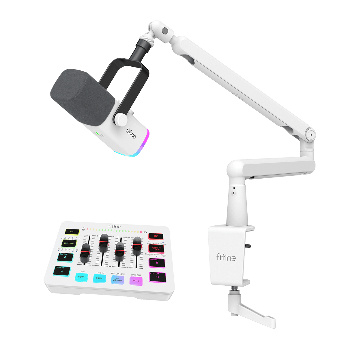###FIFINE AM8 dynamic microphone and BM88 boom arm with SC3 audio mixer bundle in white