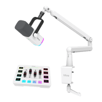 ###FIFINE AM8 dynamic microphone and BM88 boom arm with SC3 audio mixer bundle in white