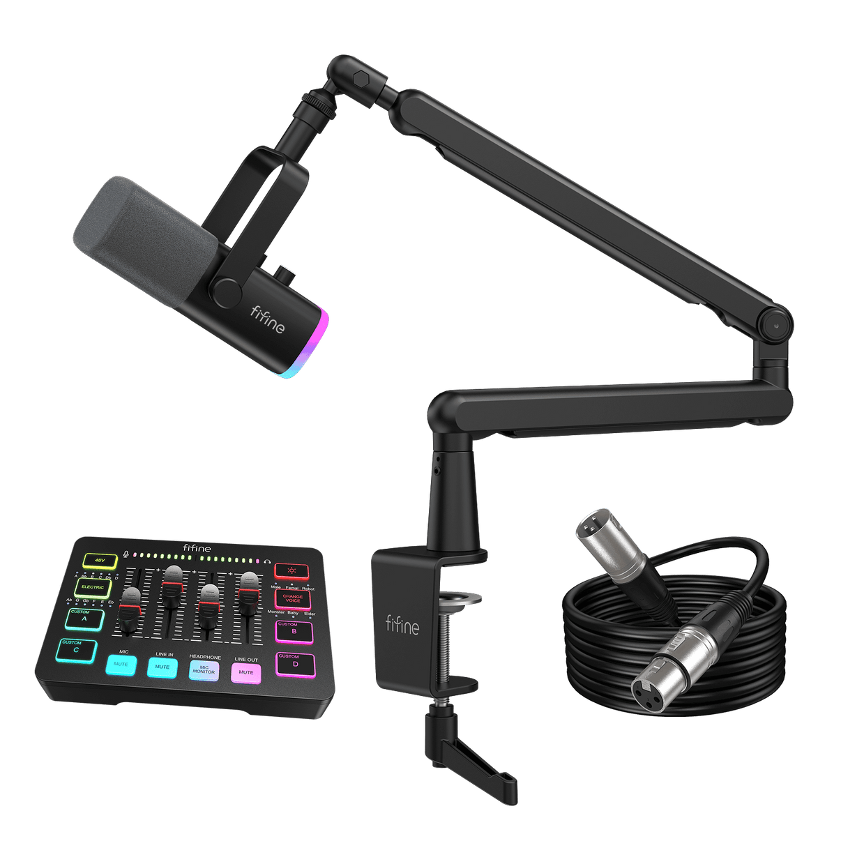 ###FIFINE AM8 dynamic microphone and BM88 boom arm with SC3 audio mixer xlr cable bundle in black