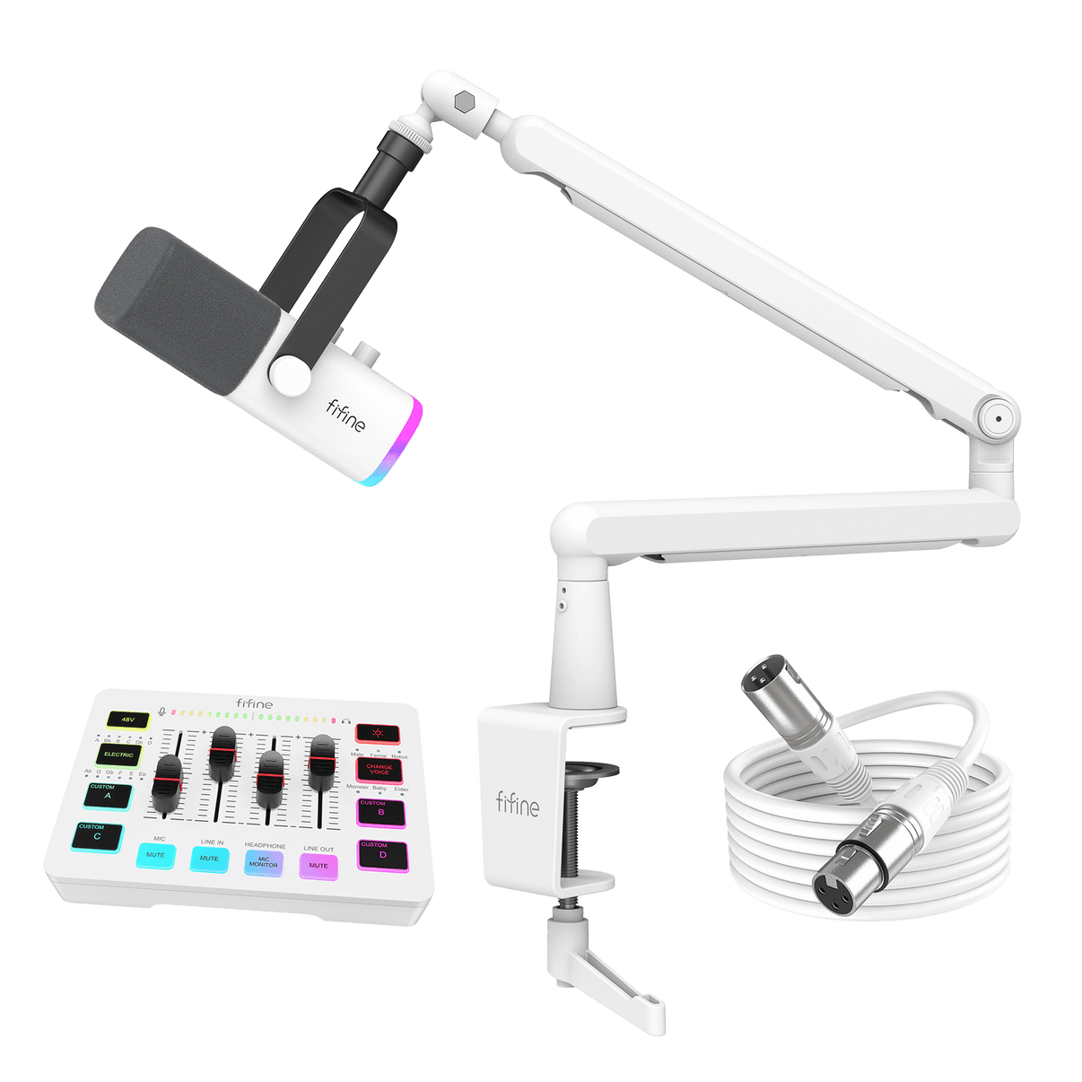 ###FIFINE AM8 dynamic microphone and BM88 boom arm with SC3 audio mixer xlr cable bundle in white