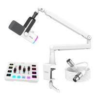 ###FIFINE AM8 dynamic microphone and BM88 boom arm with SC3 audio mixer xlr cable bundle in white