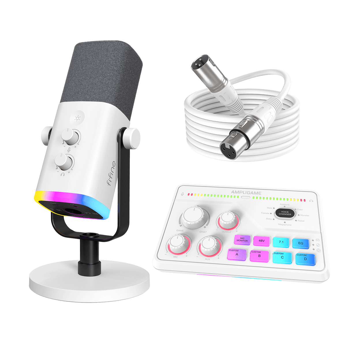 ###FIFINE AM8 microphone with SC8 audio mixer and xlr cable bundle in white