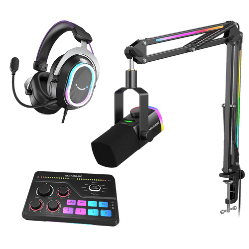 FIFINE Streaming & Gaming Bundle: AM8PROT Microphone Kit + SC8 Audio Mixer + H13 Headset