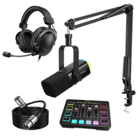 FIFINE Streaming & Gaming Bundle: AM8T Microphone + SC3 Audio Mixer + H9 Headset + XLR Cable