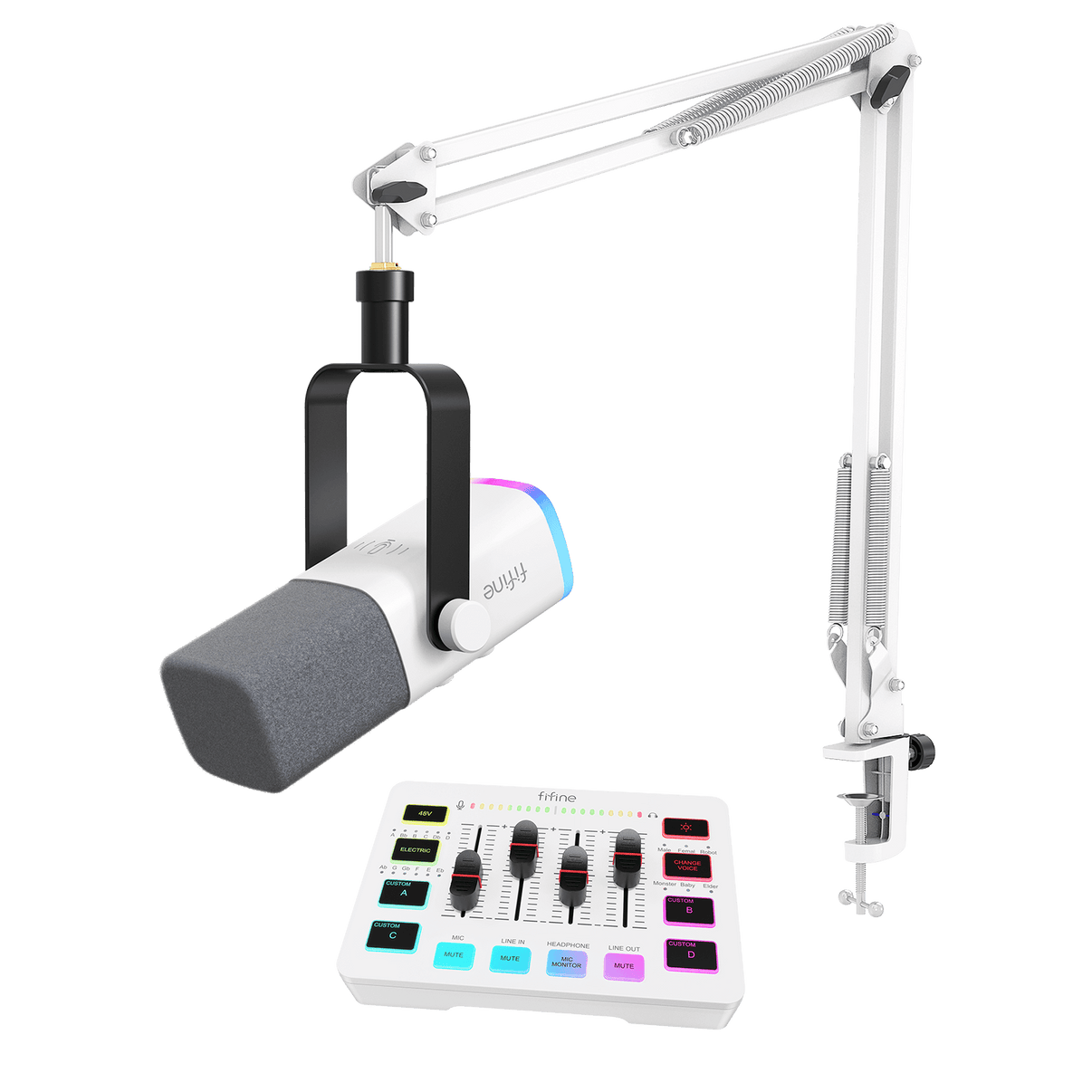 ###FIFINE AM8T dynamic microphone with SC3 audio mixer bundle in white