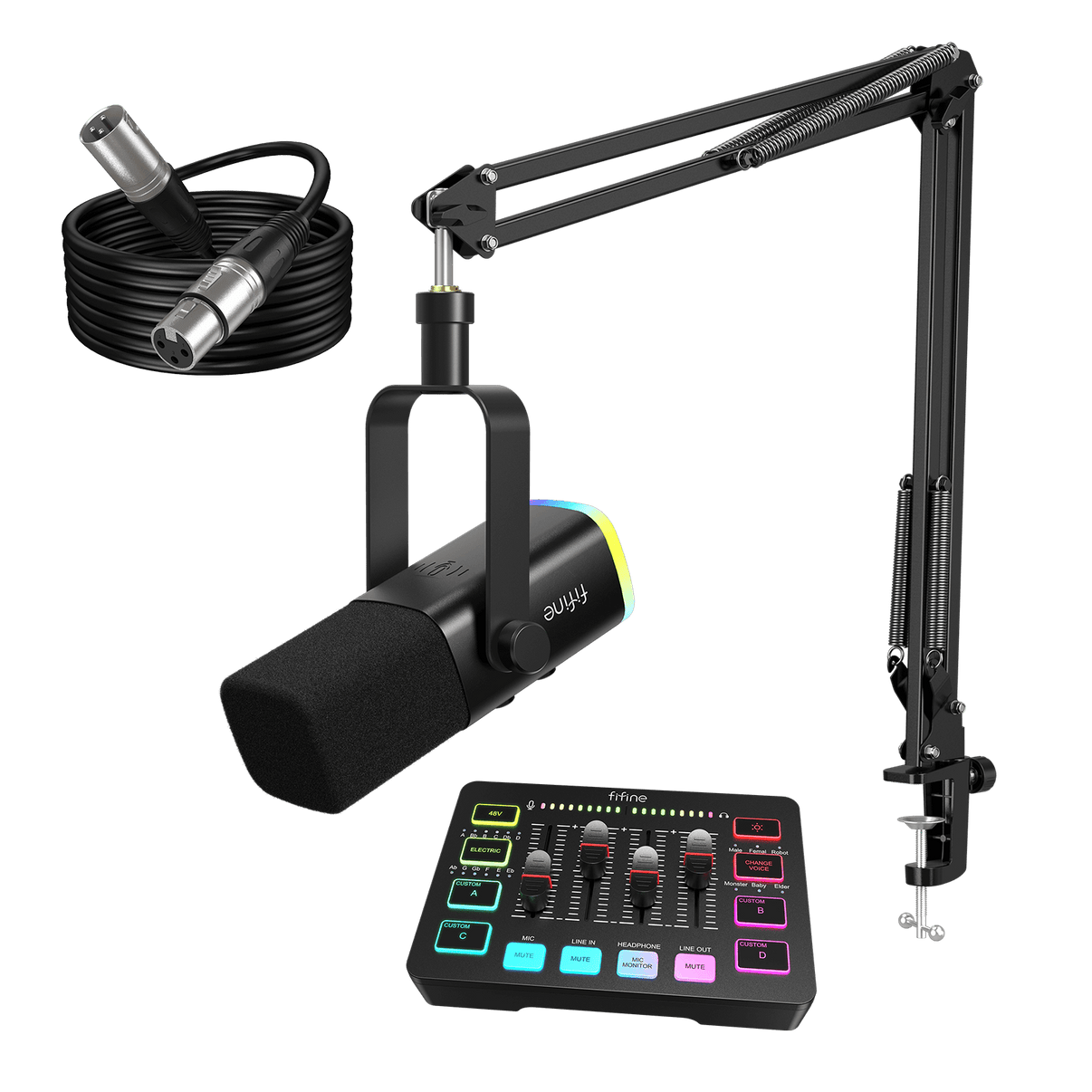 ###FIFINE AM8T dynamic microphone with SC3 audio mixer and xlr cable bundle in black