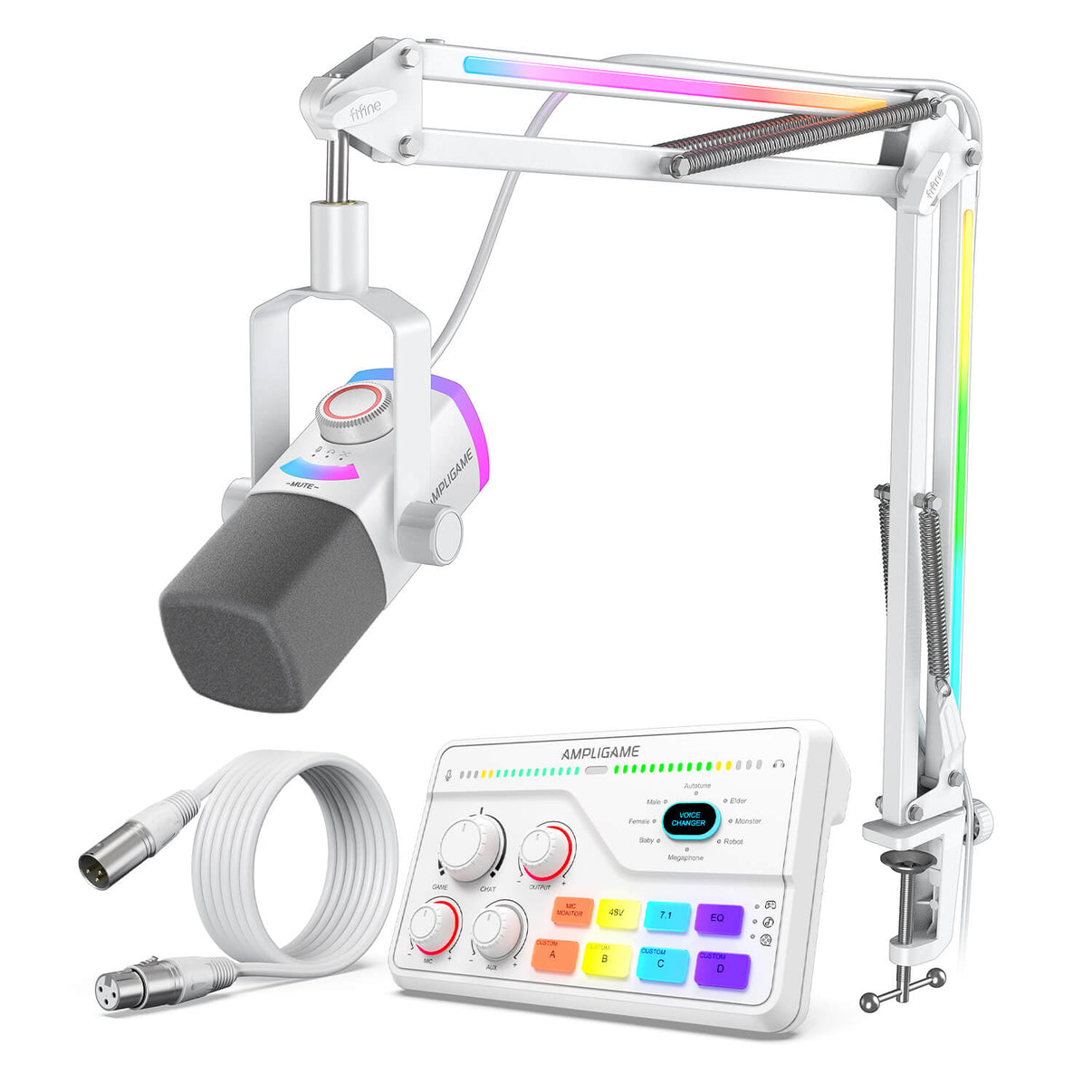 #FIFINE Ampliagme AM8PROT microphone with SC8 mixer and xlr cable in white