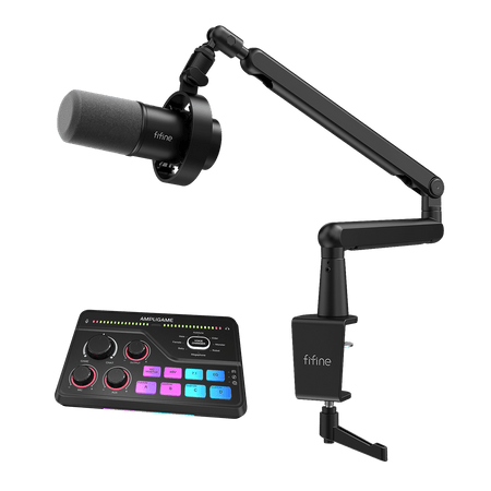 FIFINE Streaming Bundle: K688 Microphone + SC8 mixer + BM88 Boom