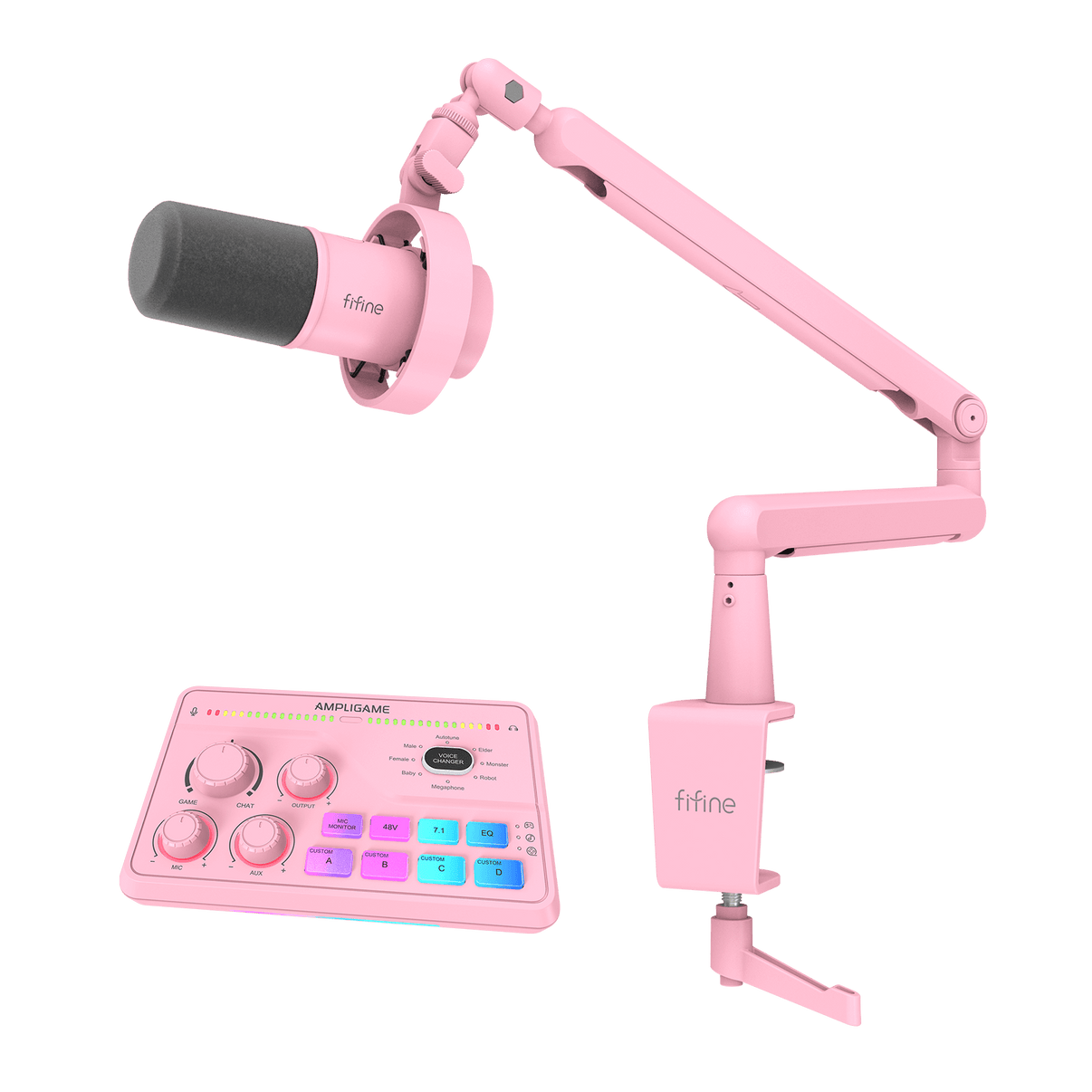###FIFINE K688 microphone with BM88 boom arm and SC8 audio mixer xlr cable in pink