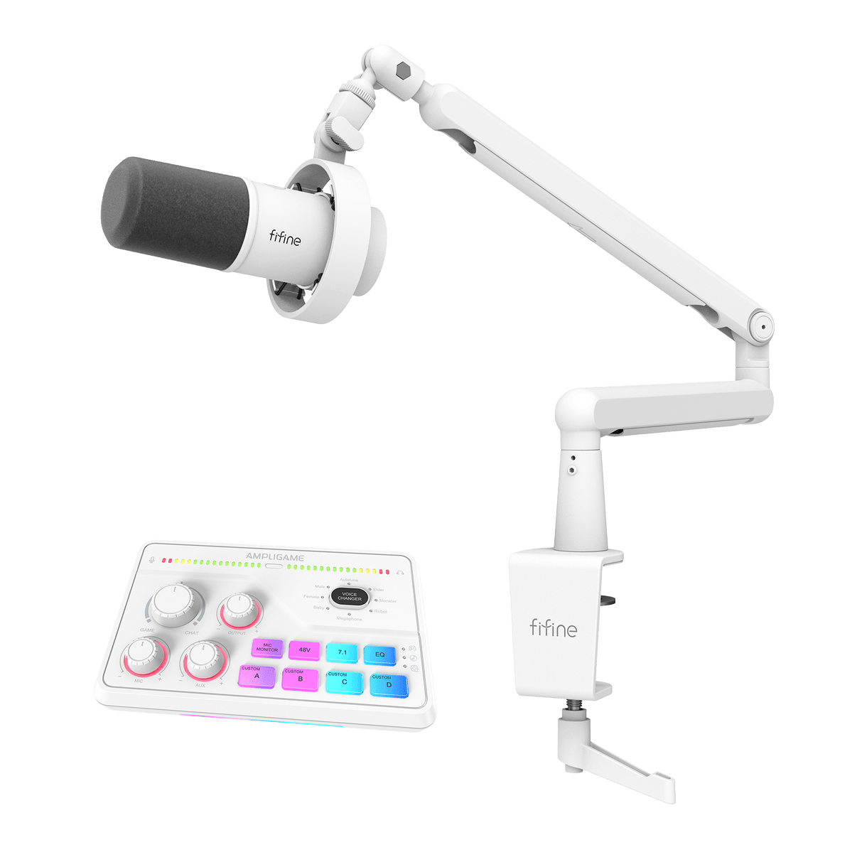 ###FIFINE K688 microphone with BM88 boom arm and SC8 audio mixer in white