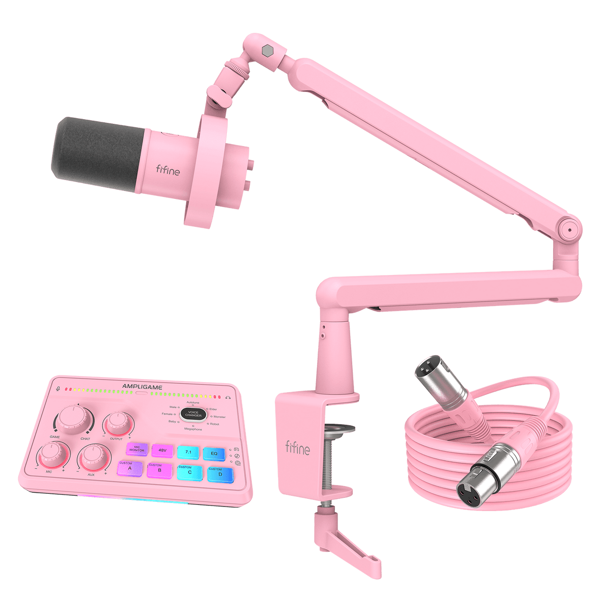 ###FIFINE K688 microphone with BM88 boom arm and SC8 audio mixer in pink