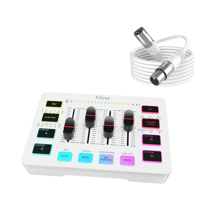 FIFINE AmpliGame SC3 Mixer & XLR Cable Set for Gaming (White