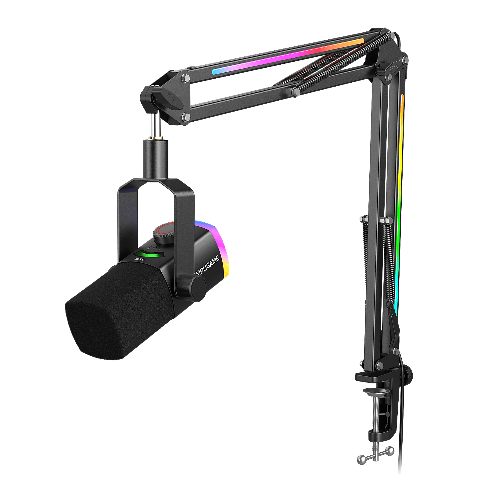 ###FIFINE ampligame AM8PROT dynamic microphone with rgb boom arm in black