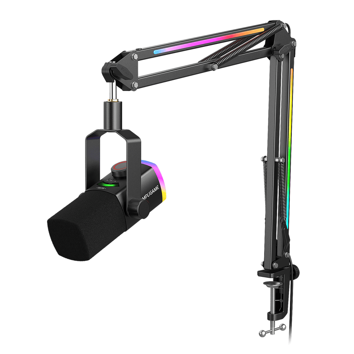 ###FIFINE ampligame AM8PROT dynamic microphone with rgb boom arm in black