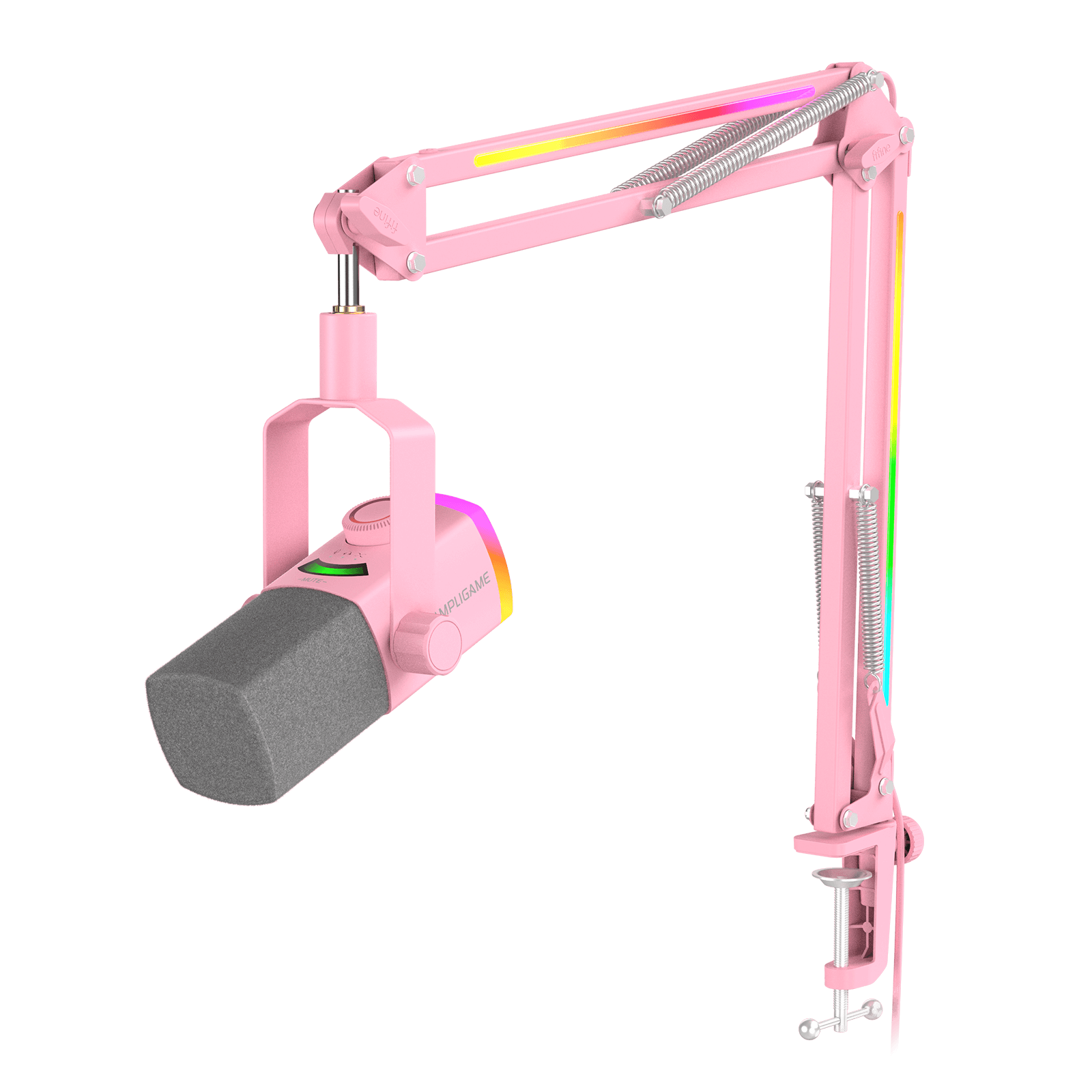 ###FIFINE ampligame AM8PROT dynamic microphone with rgb boom arm in pink