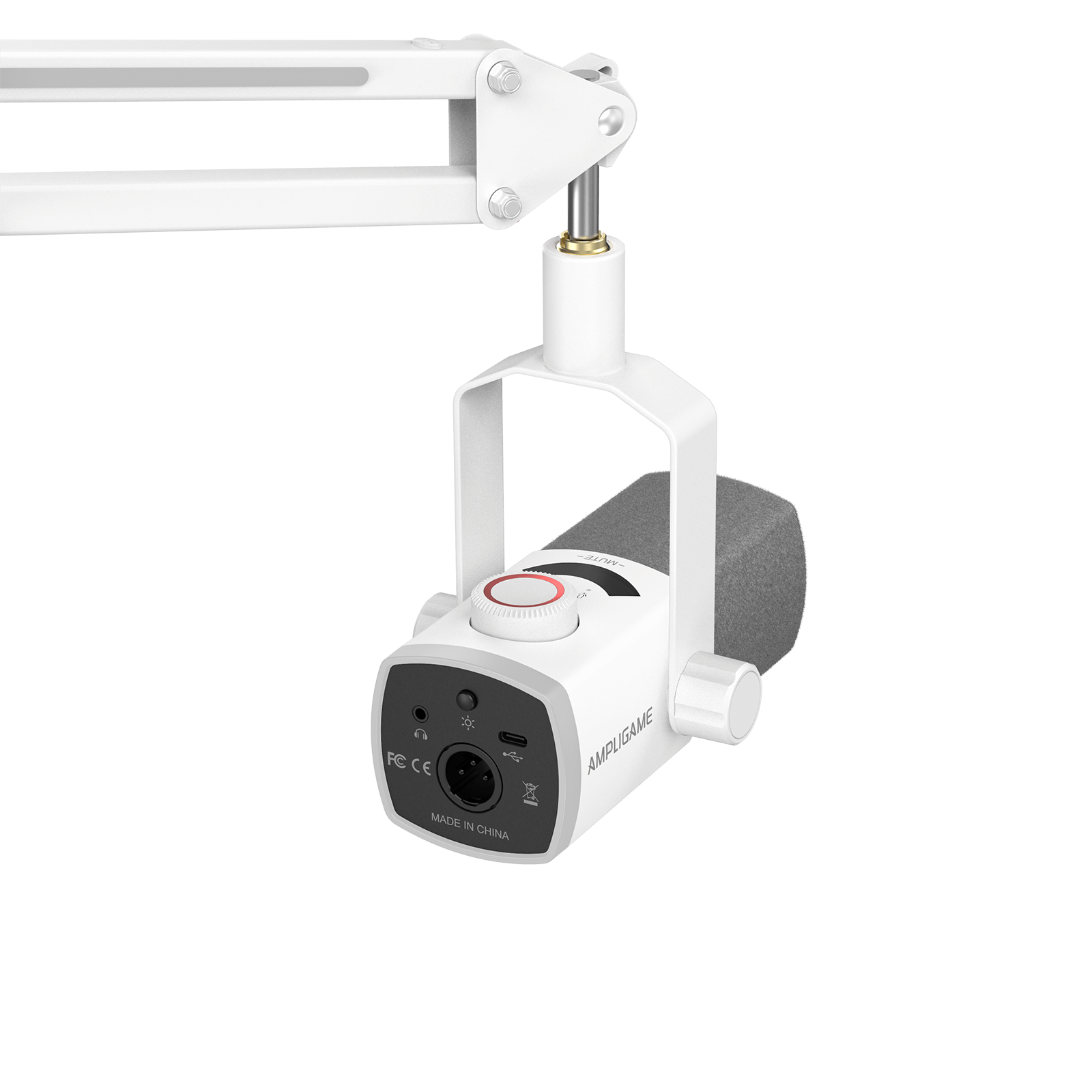 ###FIFINE ampligame AM8PROT dynamic microphone with rgb boom arm in white