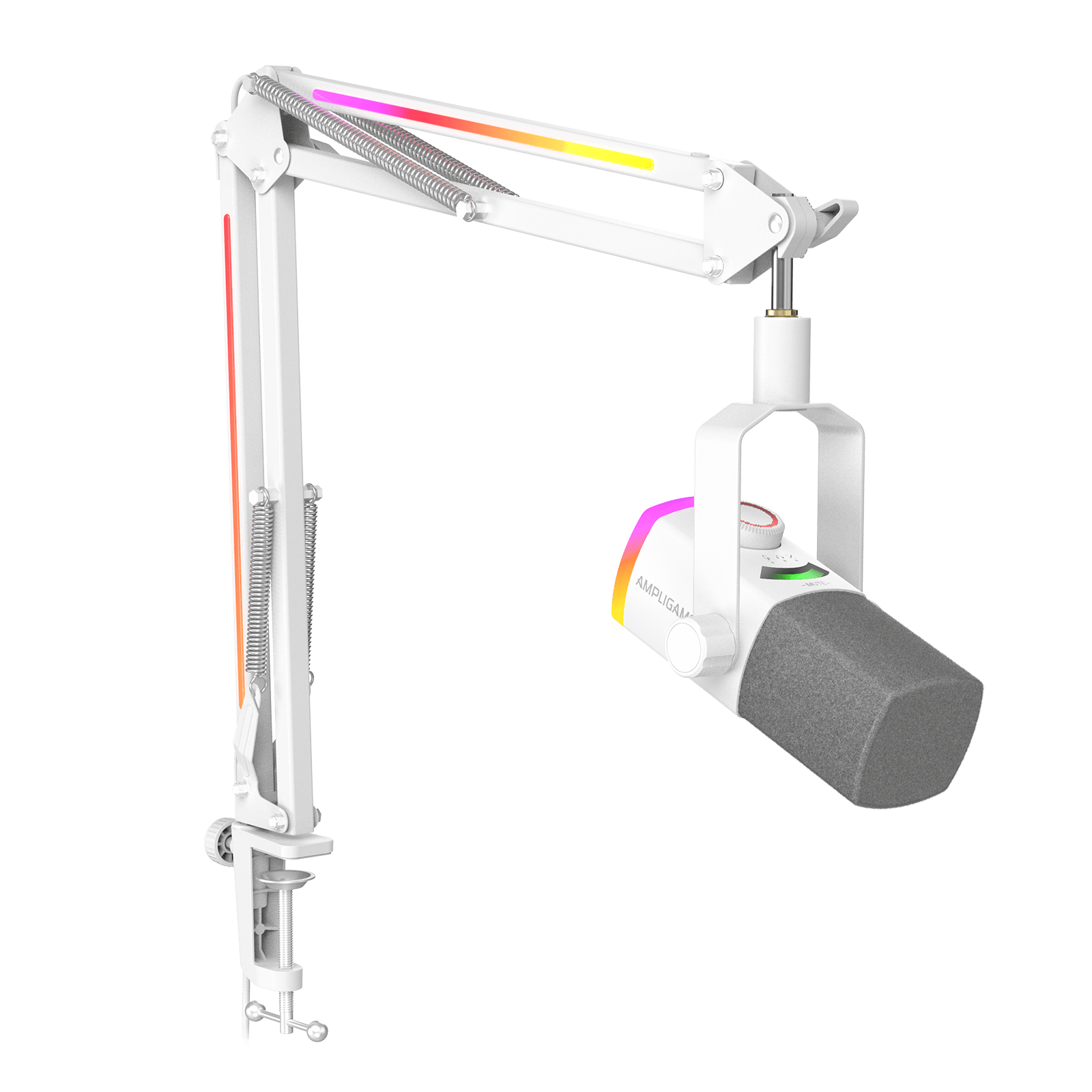 ###FIFINE ampligame AM8PROT dynamic microphone with rgb boom arm in white