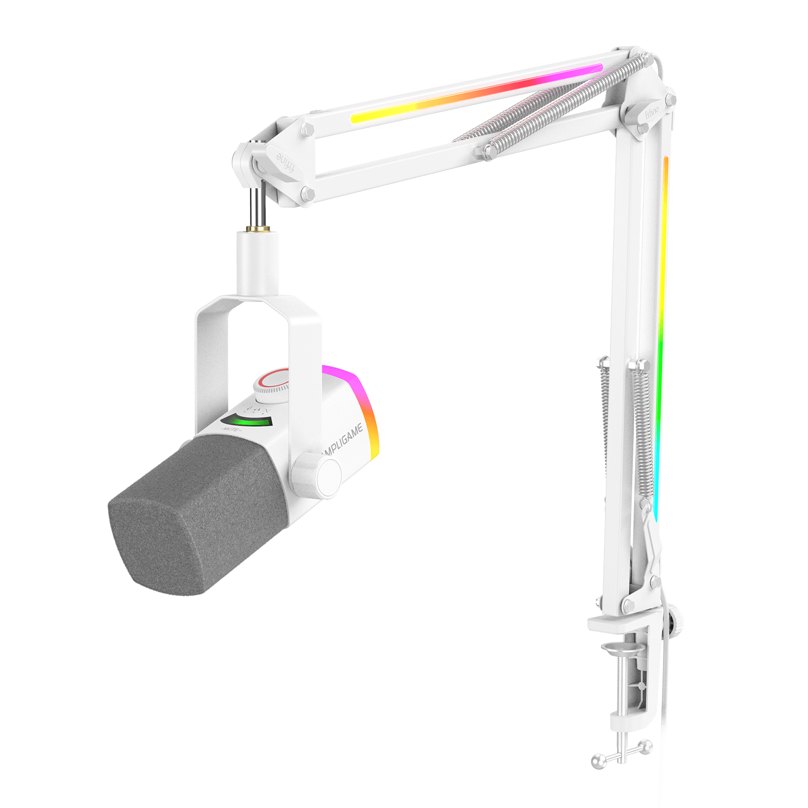 ###FIFINE ampligame AM8PROT dynamic microphone with rgb boom arm in white