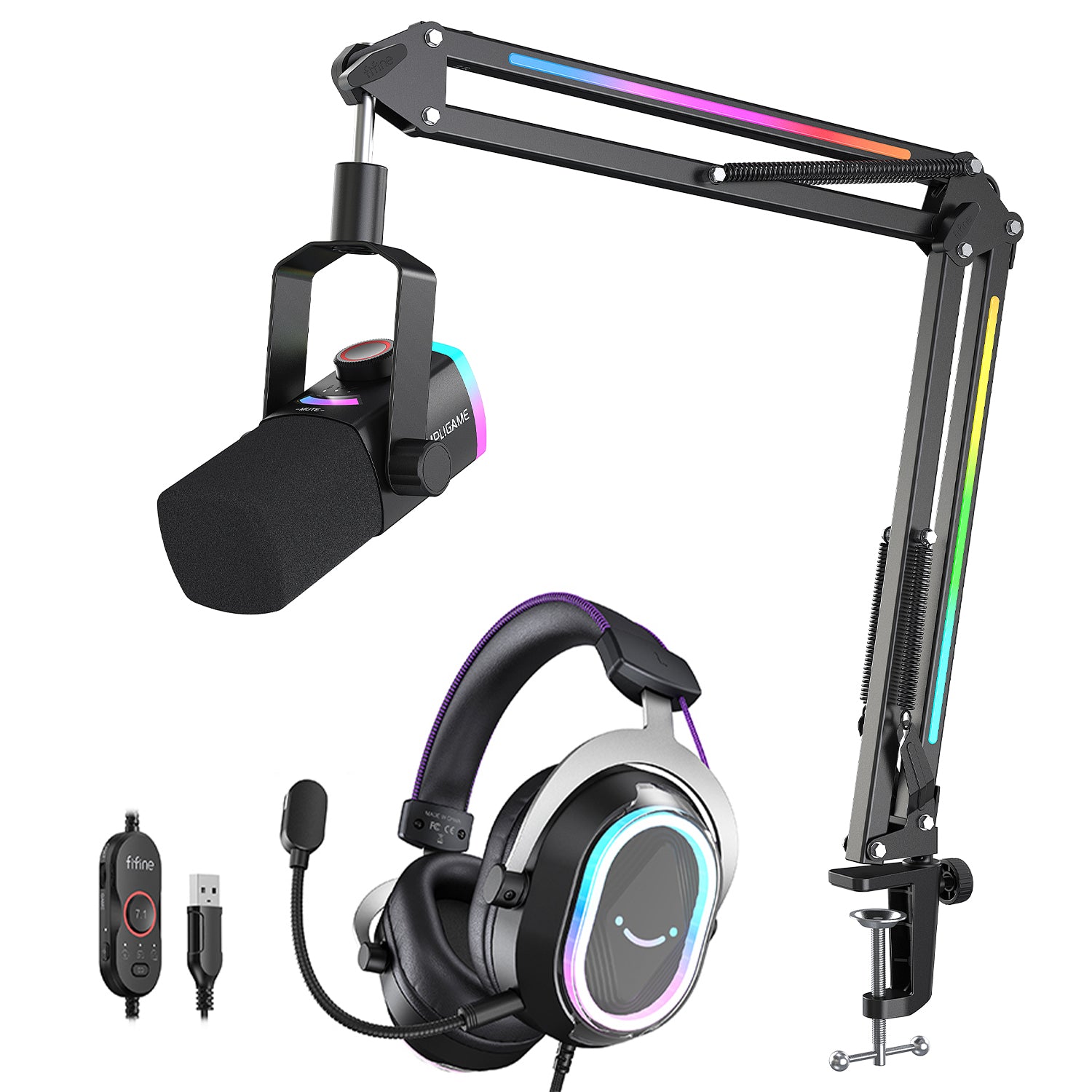 FIFINE AmpliGame AM8PROT Dynamic Microphone Kit with RGB Boom Arm Stand