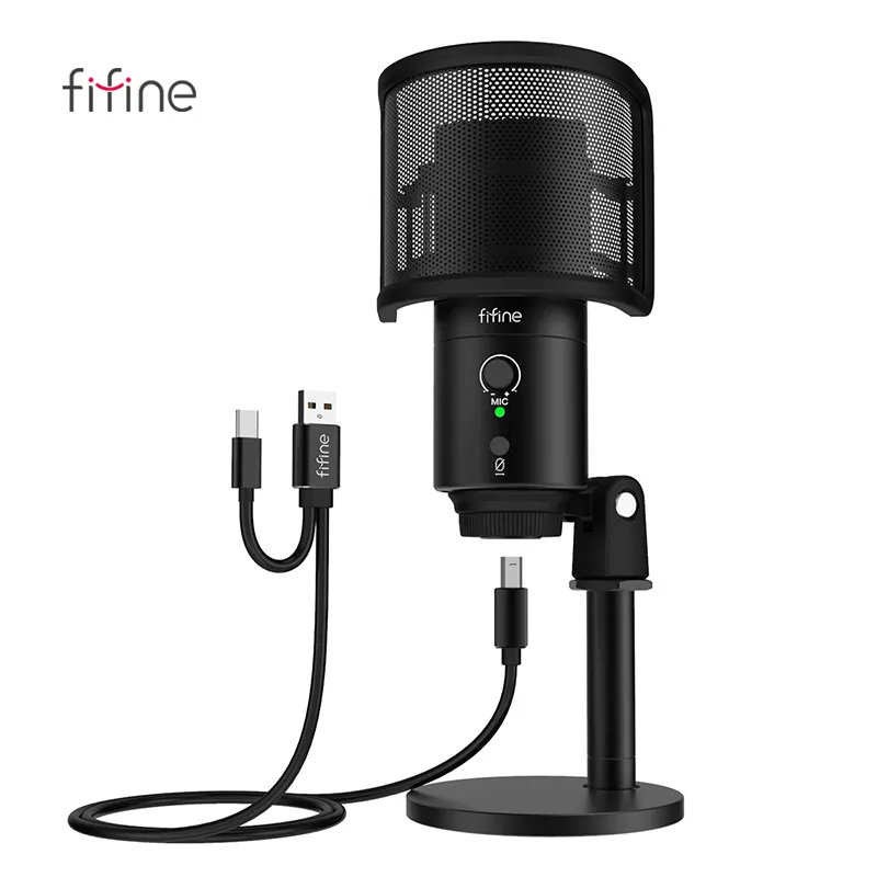Fifine K688 USB/XLR Dynamic Mic with Shock Mount, Cardioid Polar Pattern,  Touch-Mute, I/O Level Controls, USB Type-C to Type-A 2.0/XLR Output  Connection, Black