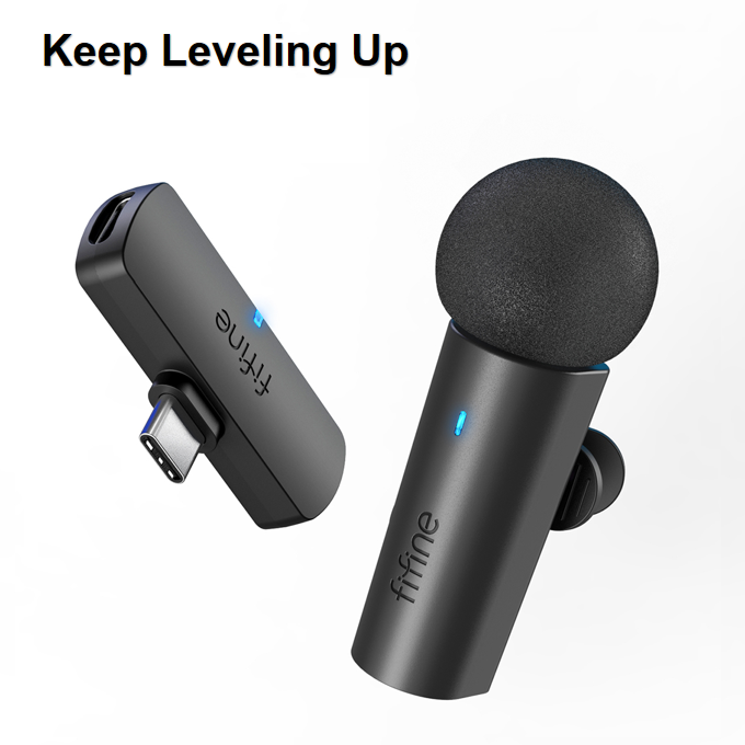 FIFINE Keep Leveling Up Wireless Lavalier Lapel Microphone System for Phones/Tablets, 2.4GHz Cordless Condenser Omnidirectional Clip-on Mic, USB C Receiver, for Video, Interview, Vlog, YouTube, Recording