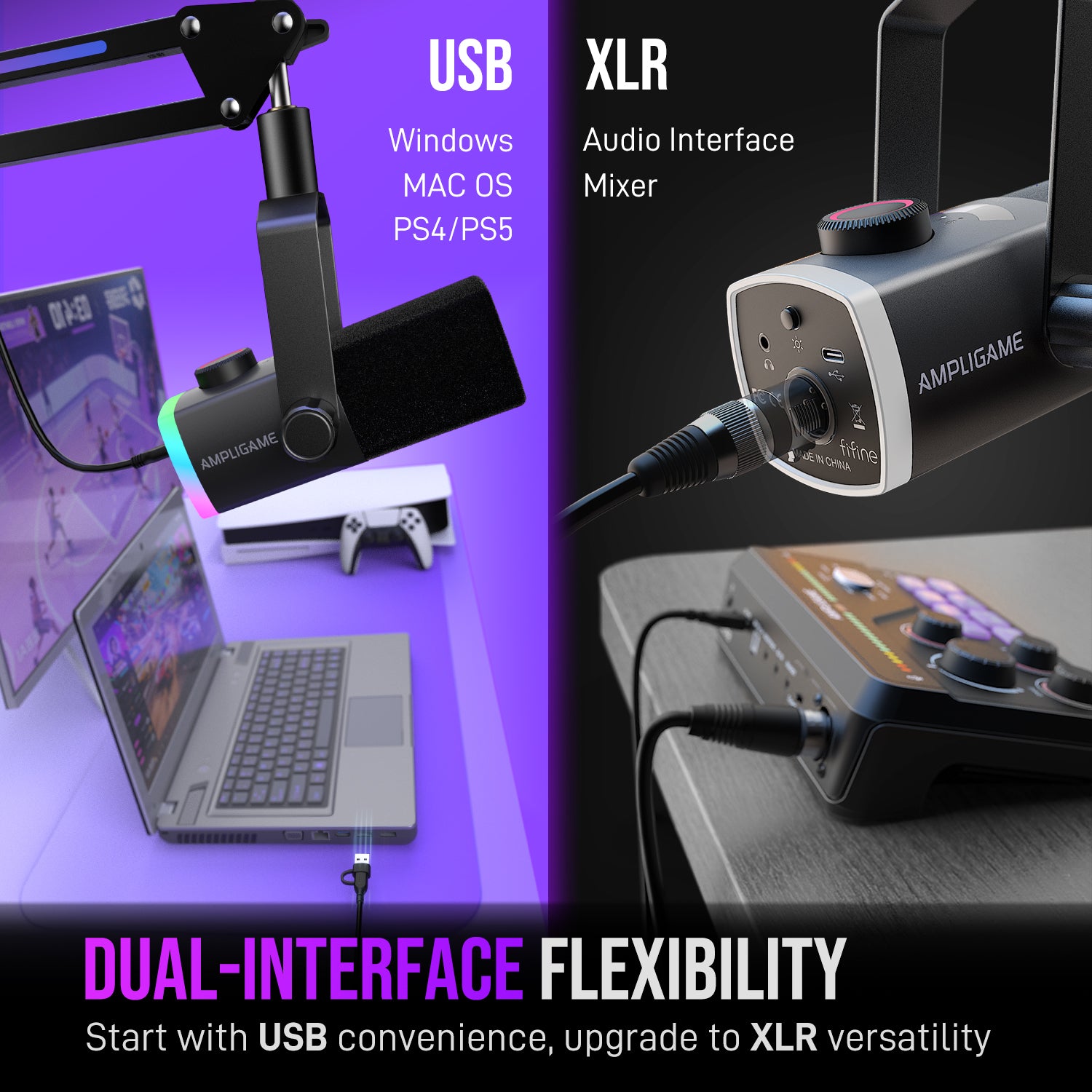 FIFINE AmpliGame AM8PROT RGB Microphone Kit with Boom Arm for Gaming & Streaming, Tap-to-Mute, Mix Control for Podcast Recording