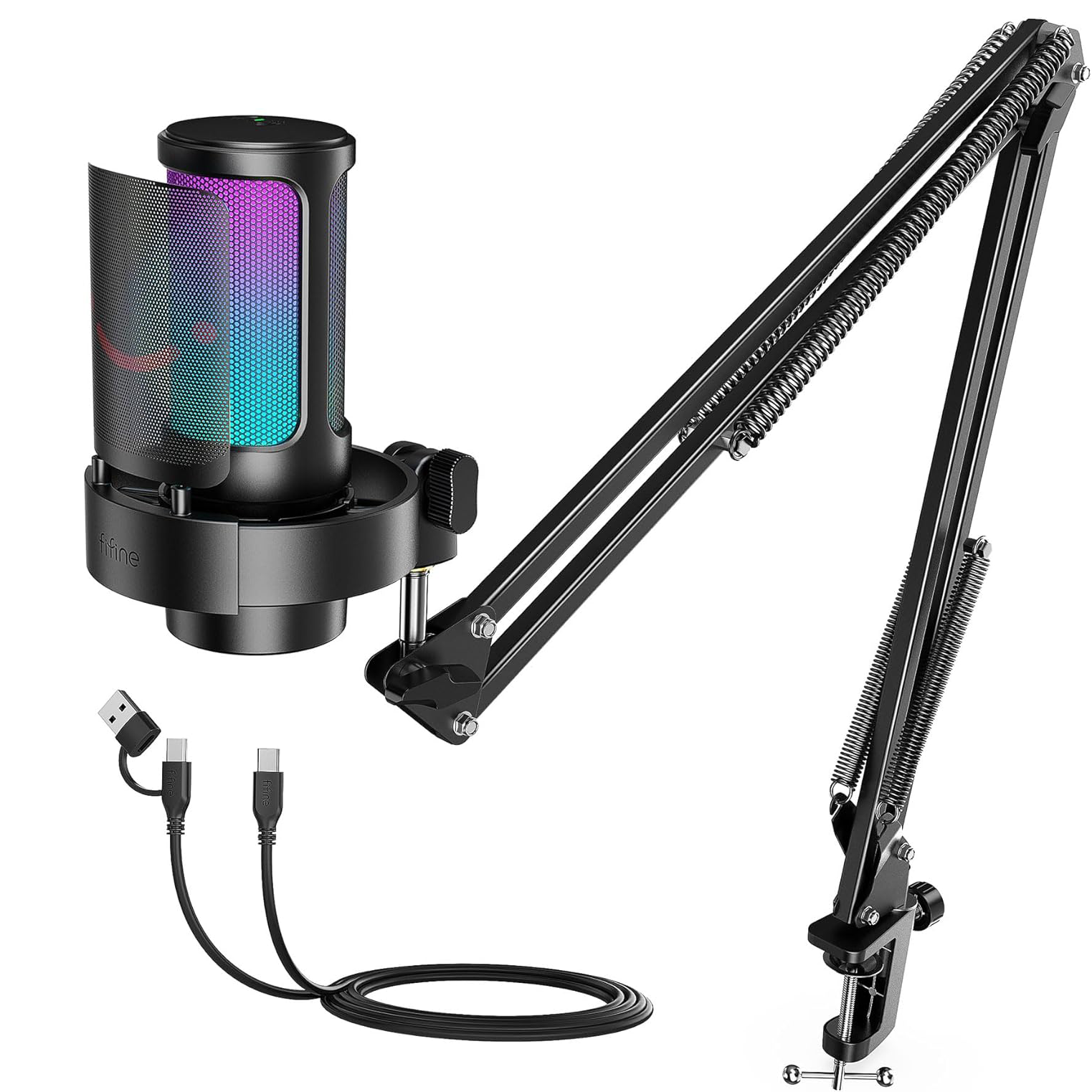 FIFINE AmpliGame A8 USB Mic with Controllable RGB, Live Monitoring, Input Dial, Pop Filter for Streaming