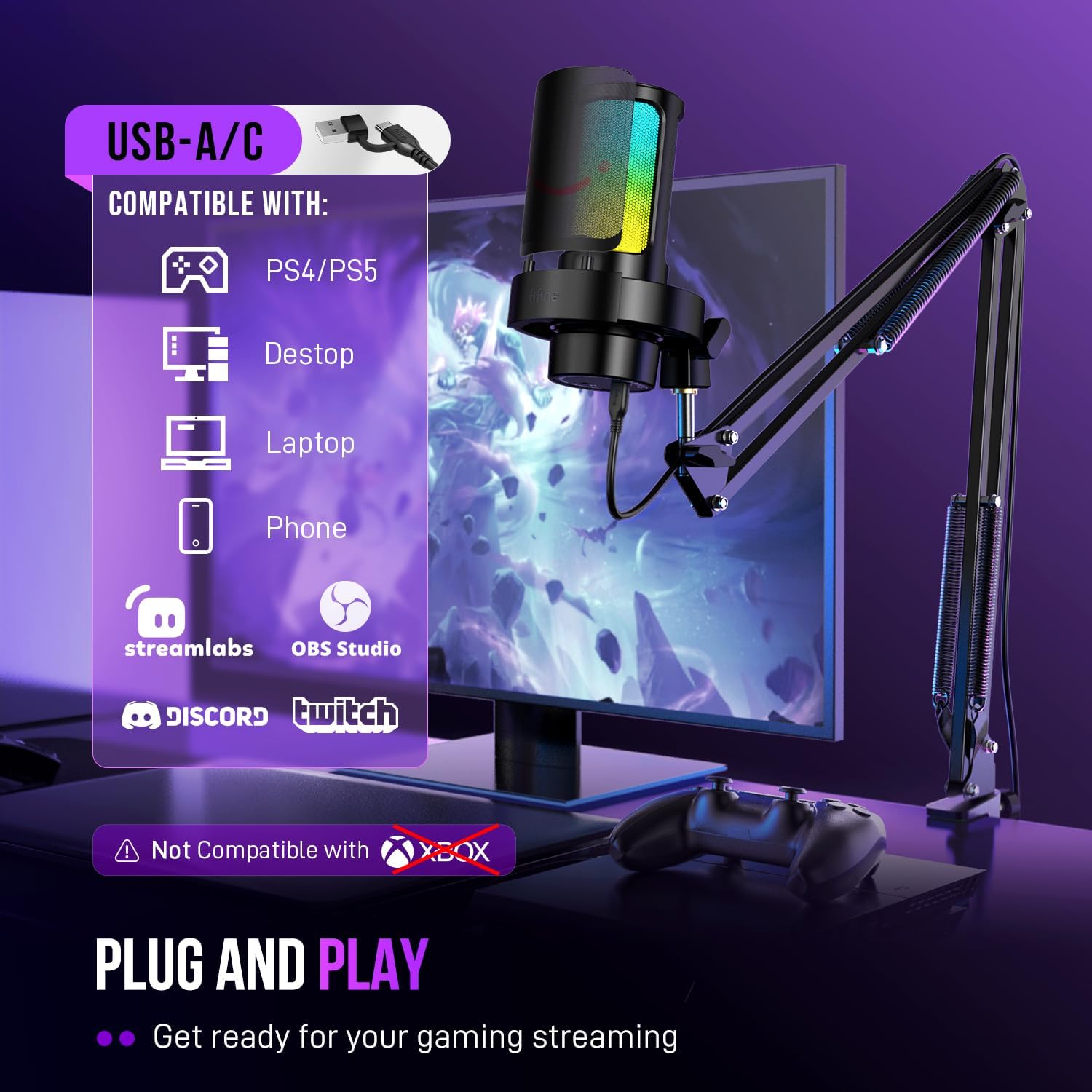 FIFINE AmpliGame A8 USB Mic with Controllable RGB, Live Monitoring, Input Dial, Pop Filter for Streaming