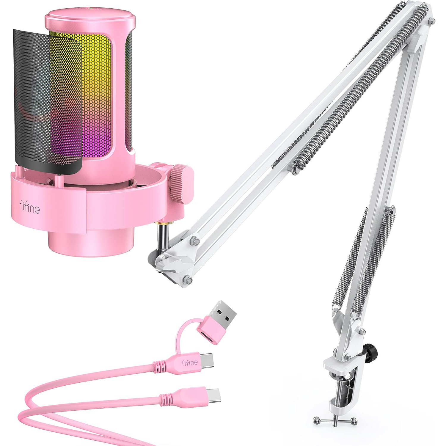 FIFINE AmpliGame A8 USB Mic with Controllable RGB, Live Monitoring, Input Dial, Pop Filter for Streaming