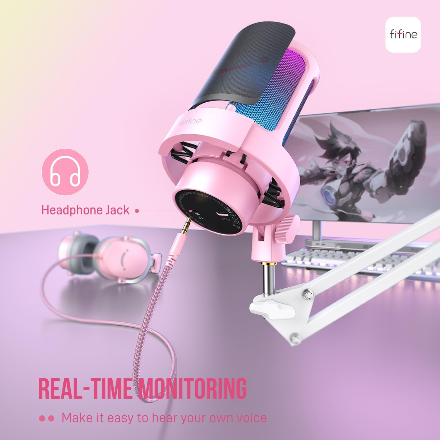 FIFINE AmpliGame A8 USB Mic with Controllable RGB, Live Monitoring, Input Dial, Pop Filter for Streaming
