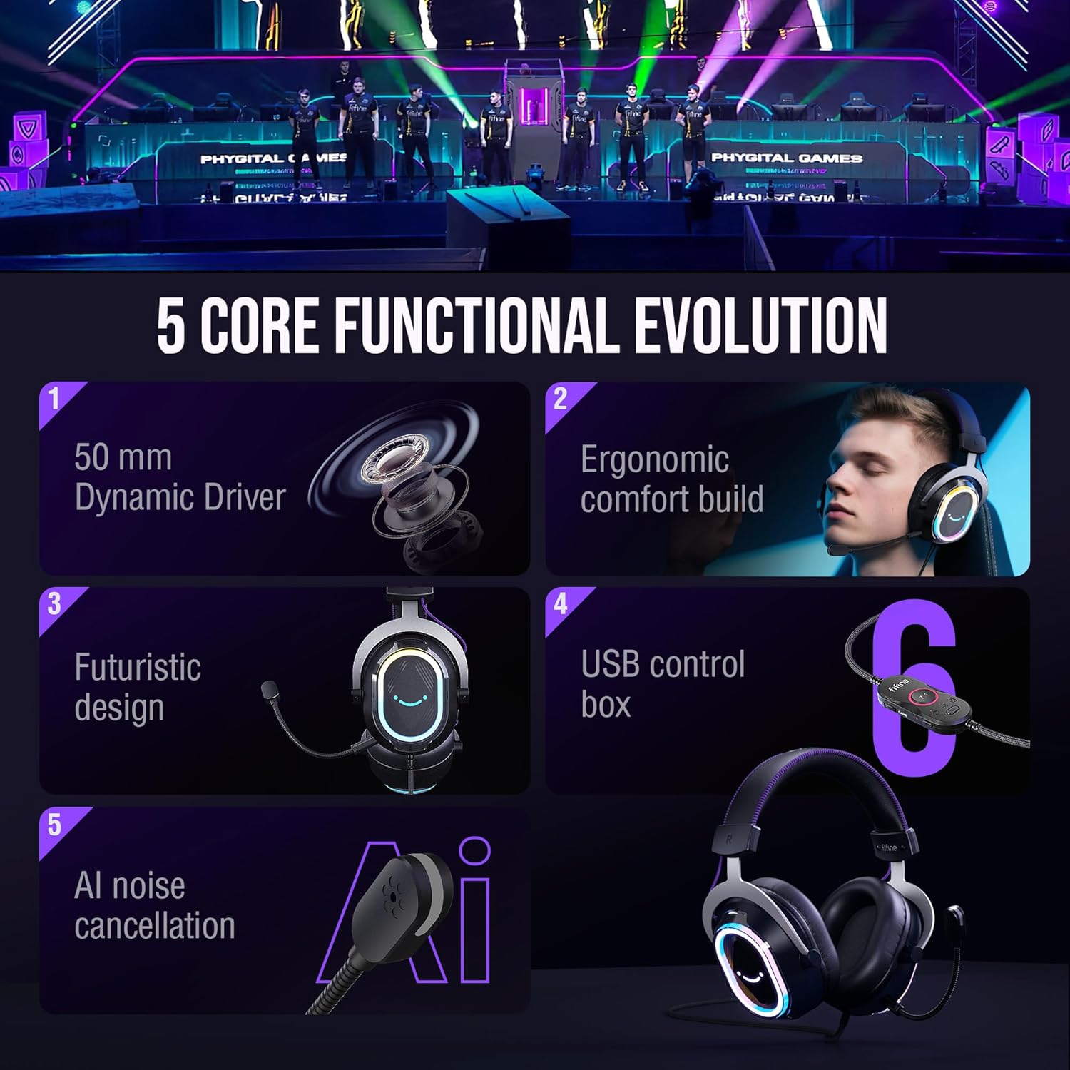 FIFINE AmpliGame H13 USB Headset with Chat Mix, EQ & 7.1, Boom Mic Mute & Noise Cancellation, Headphone Volume, RGB Control for PC Gaming