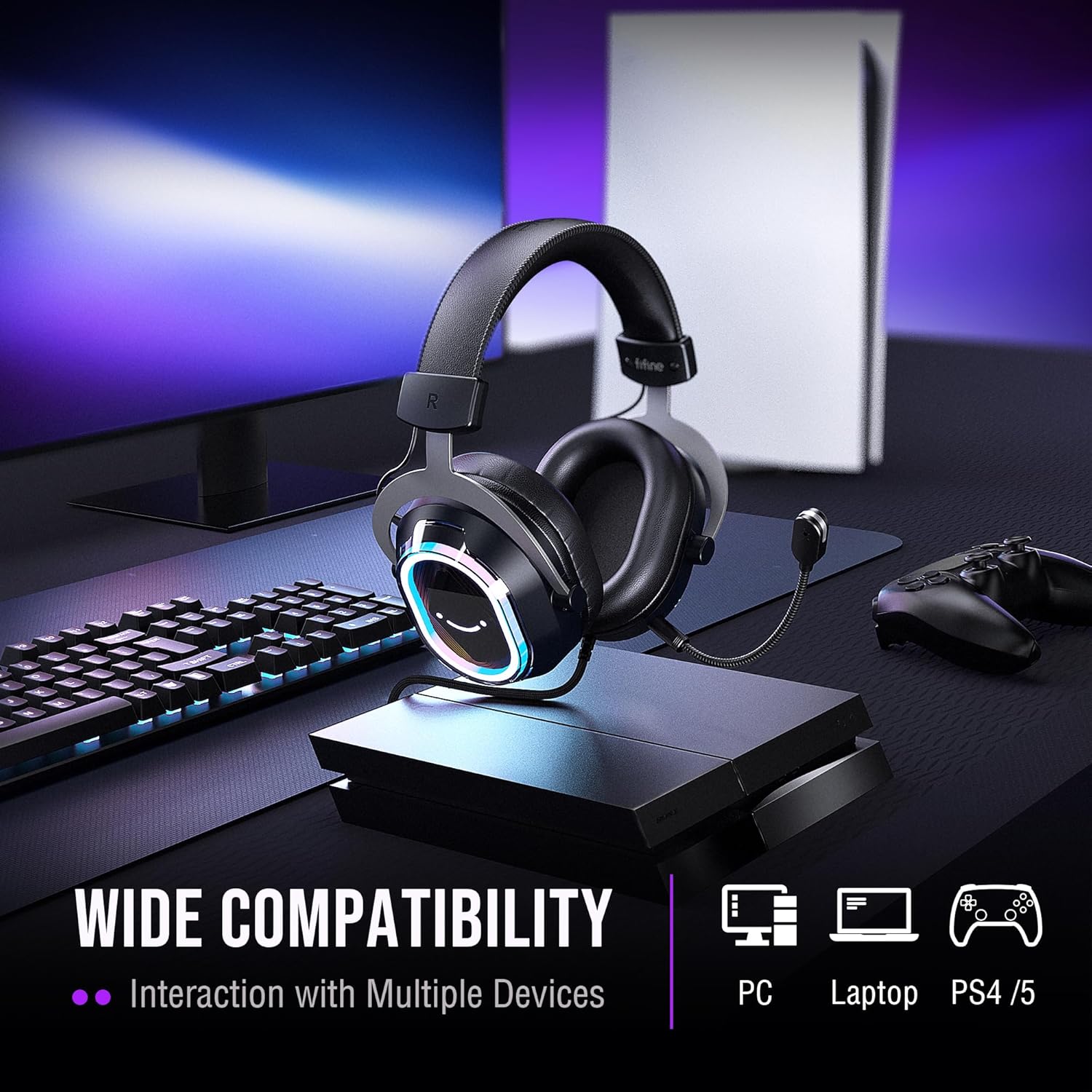 FIFINE AmpliGame H13 USB Headset with Chat Mix, EQ & 7.1, Boom Mic Mute & Noise Cancellation, Headphone Volume, RGB Control for PC Gaming