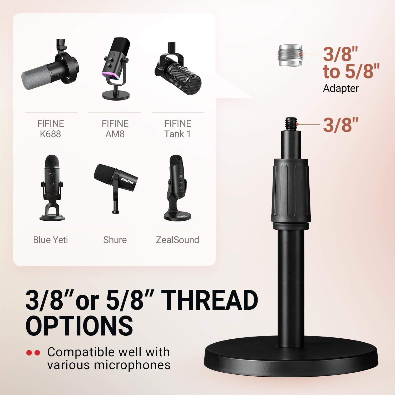 FIFINE BS1 Desktop Microphone Stand with Telescope Tube to Extend from 5.5” to 8.26”, 3/8