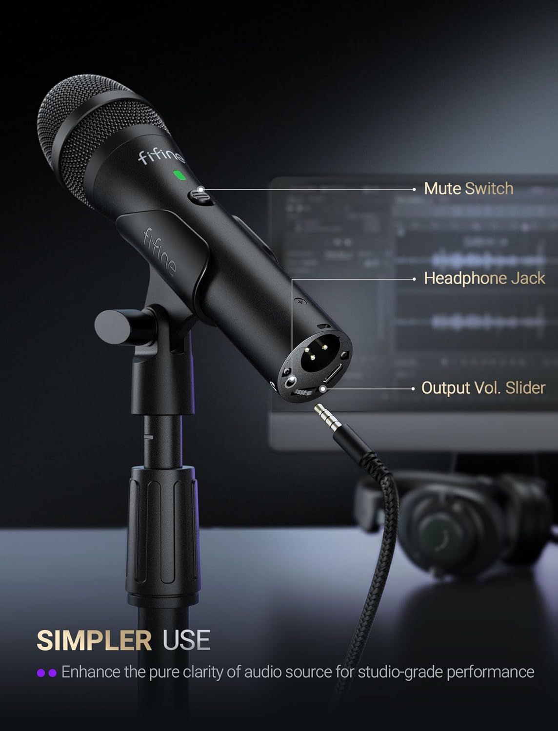 FIFINE Tank2 USB/XLR Handheld Dynamic Microphone with Height-adjustable Stand, On/Off Switch & Indicator