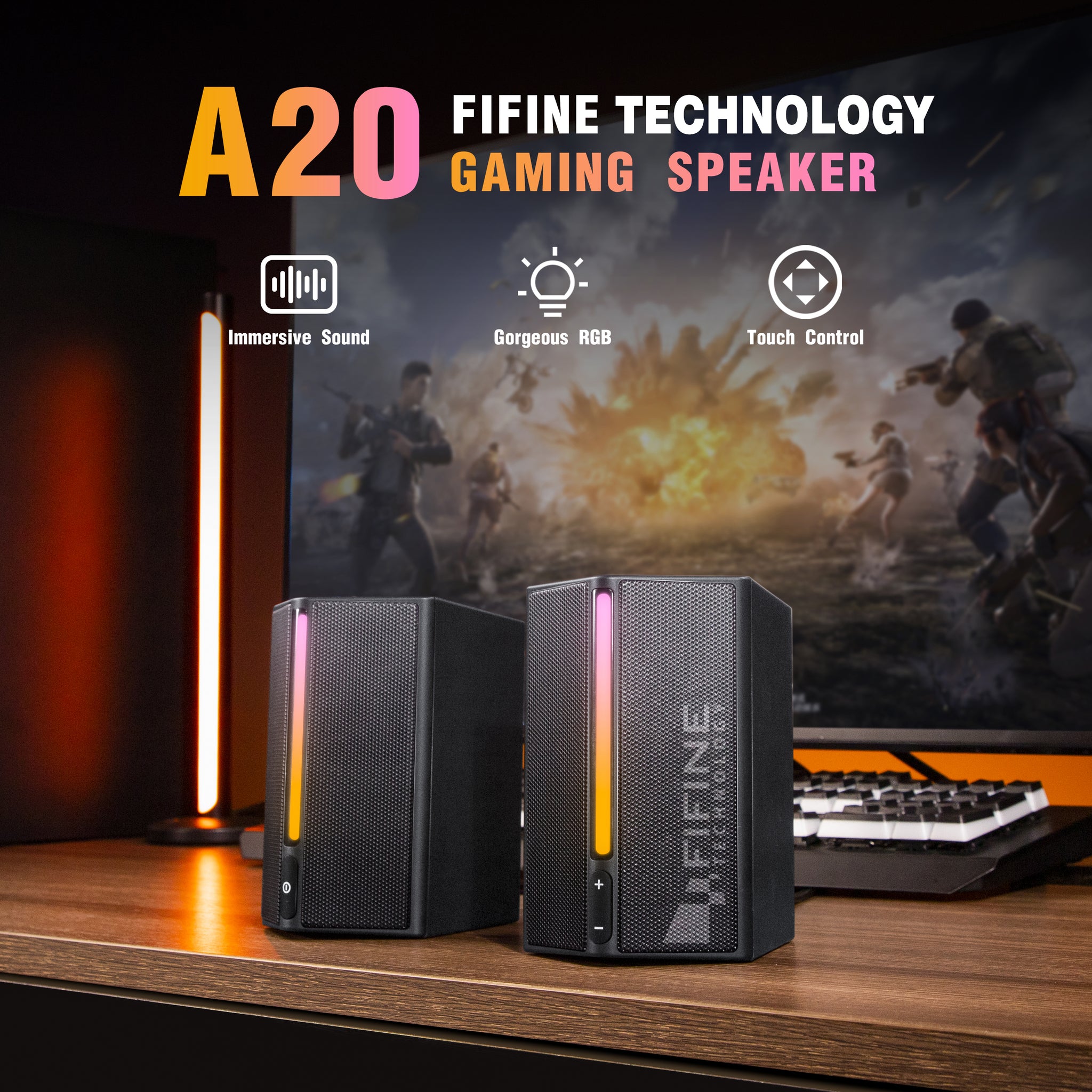 FIFINE Technology AmpliGame A20 2.0 Speakers with Volume and Power/Mute Button, RGB Controls for Gaming on PC/Console or Entertainment