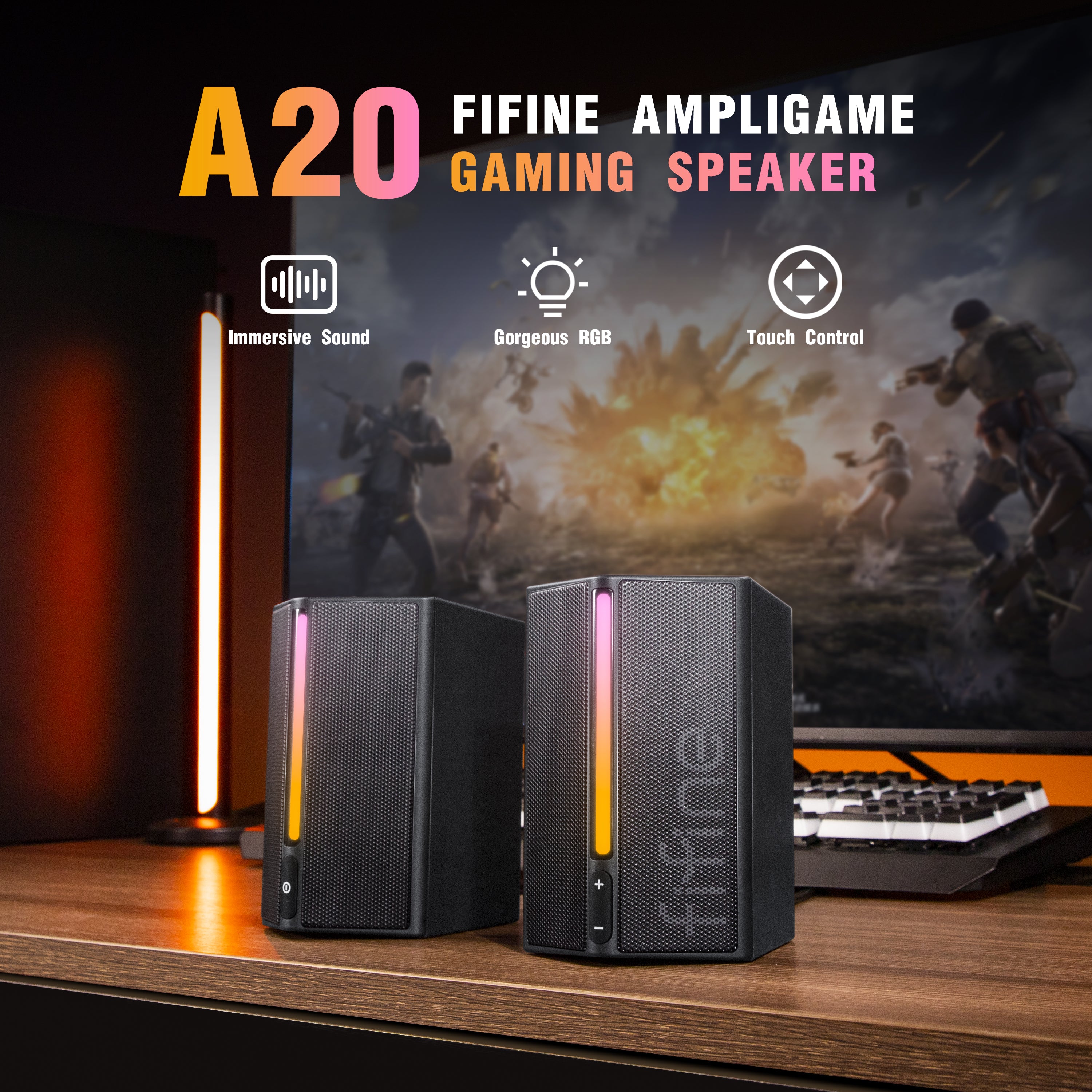 FIFINE AmpliGame A20 2.0 Speakers with Volume/Mute, RGB for Gaming on PC/Console or Entertainment