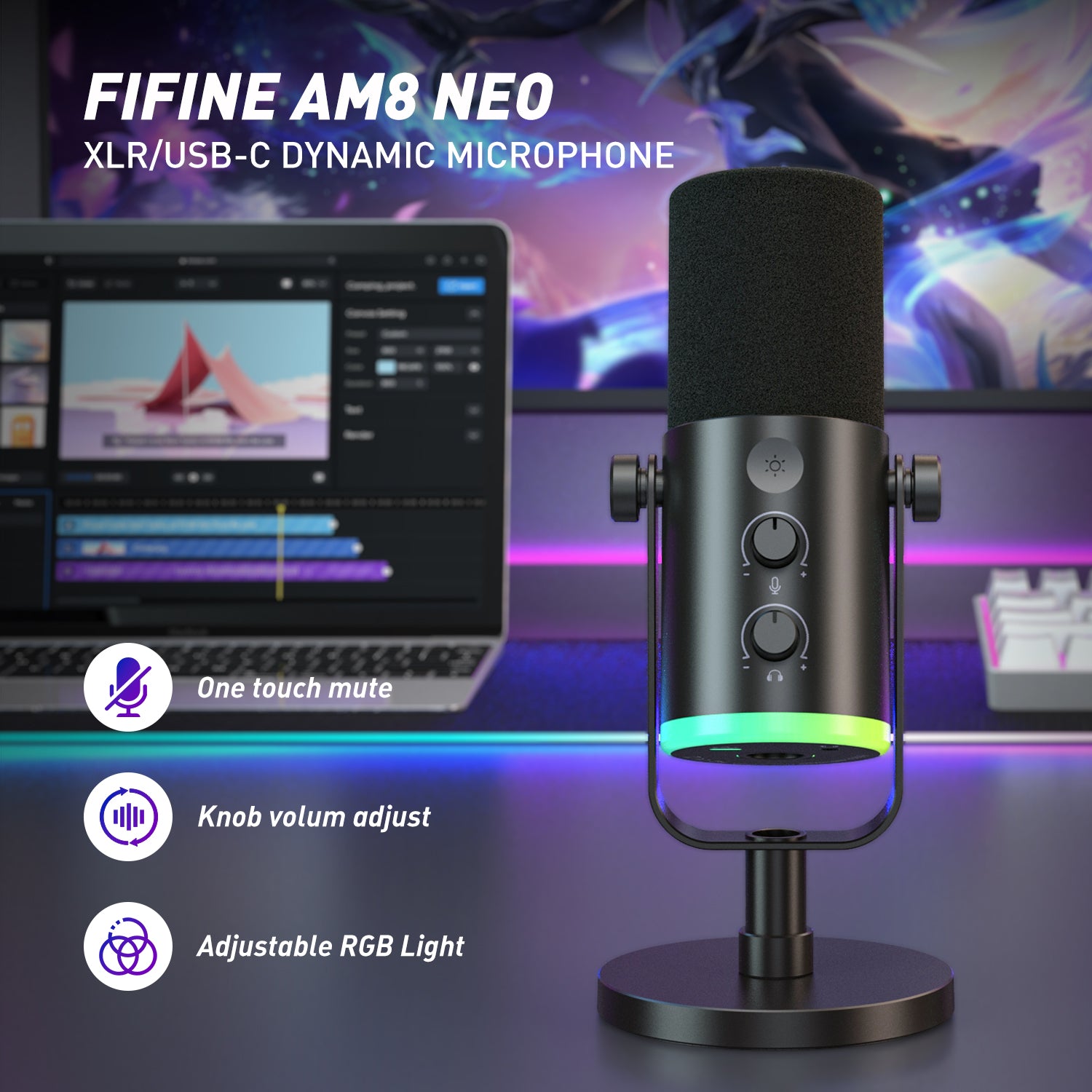 FIFINE AmpliGame AM8Neo USB/XLR Dynamic Mic with Touch-mute, I/O Controls, Live Monitoring for Streaming